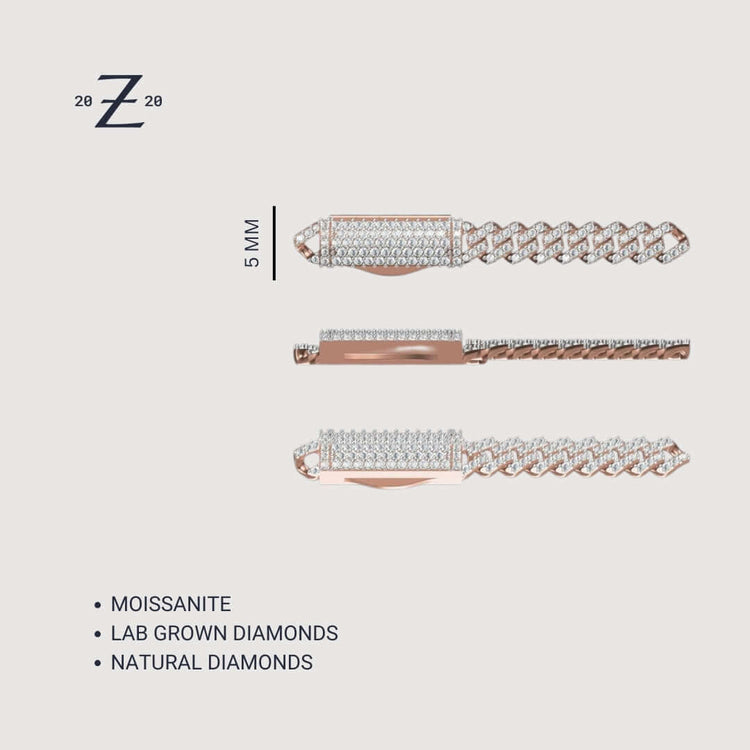 The Diamond Cuban Link Chain 14k - 5mm is shown from top, side, and angled views. The 5mm chain has a rectangular gem-encrusted plate with three stone options: Moissanite, lab-grown diamonds, or natural diamonds.