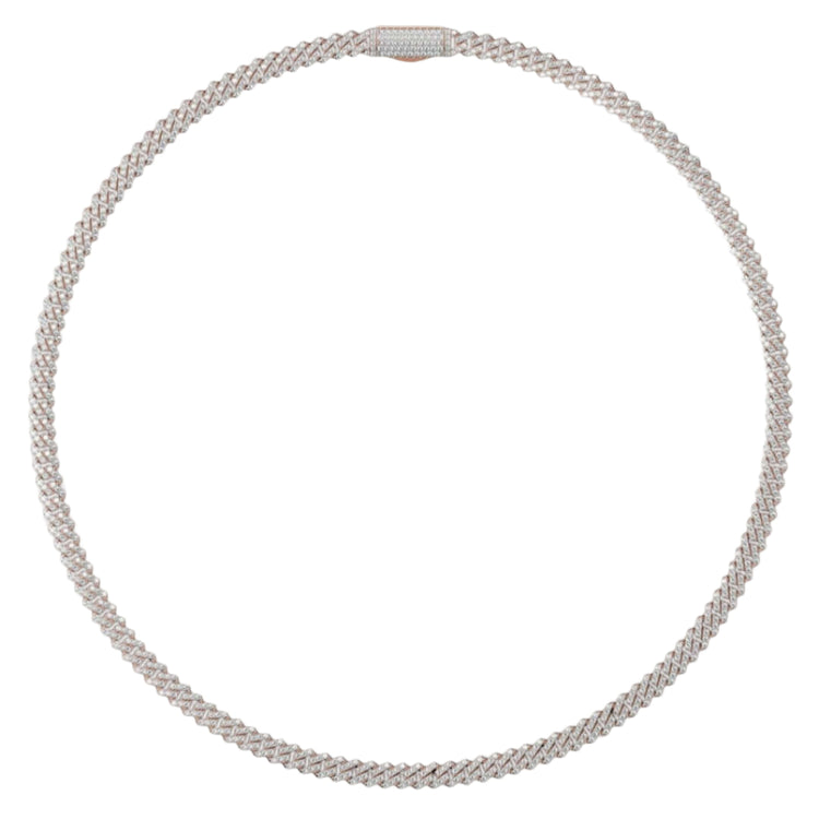 The Diamond Cuban Link Chain 14k - 5mm is displayed in a perfect circle on a white background, showcasing closely set, sparkling diamonds and a diamond-adorned clasp—an elegant twist on the classic gold chain.