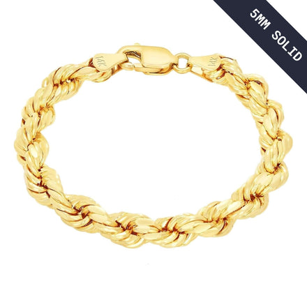 The Gold Rope Bracelet - 5mm is a solid 14k gold chain bracelet featuring a lobster clasp, displayed on a white background with a "5MM SOLID" label in the corner.