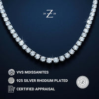 The Yellow Moissanite Tennis Chain - 3mm features round sparkling stones on a dark backdrop. Icons below show VVS moissanites, 925 silver rhodium plating, and an included certified appraisal.