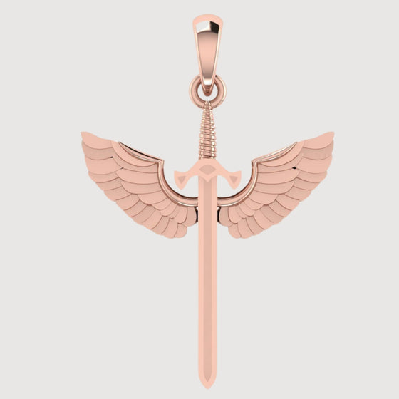 14k Gold Winged Sword PendantCelebrate strength with the 14K Gold Winged Sword Pendant. Features a radiant 14K gold sword design with intricate wings for a powerful and sophisticated look.