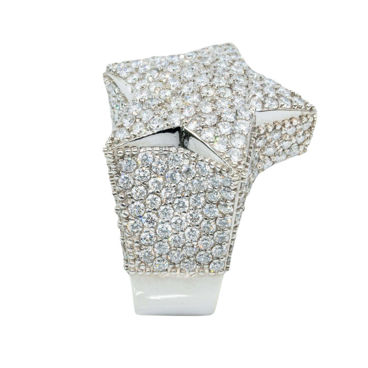 The 7.03 CTW Lab Diamond Star Ring in 14K white gold features a star-shaped design encrusted with sparkling lab-grown diamonds on all visible surfaces.