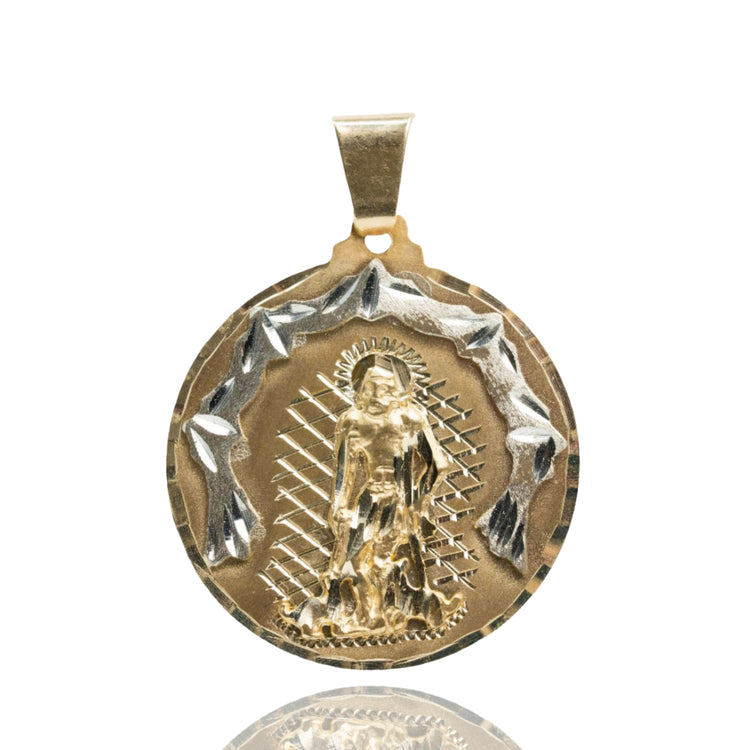 The Saint Lazarus Circular Pendant is a 14K solid gold men’s pendant featuring an engraved image of Saint Lazarus, surrounded by a textured border and radiant rays.