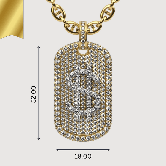 Gold dog tag pendant with diamond-encrusted dollar sign, featuring solid 14K gold and 1 carat of natural diamonds.