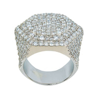 The Iced-Out Octagon Cluster Ring - 6.04 CT in 14k White Gold showcases an octagonal design with sparkling diamonds set on multiple rows for a bold, luxurious statement.
