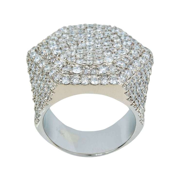 The Iced-Out Octagon Cluster Ring - 6.04 CT in 14k White Gold showcases an octagonal design with sparkling diamonds set on multiple rows for a bold, luxurious statement.