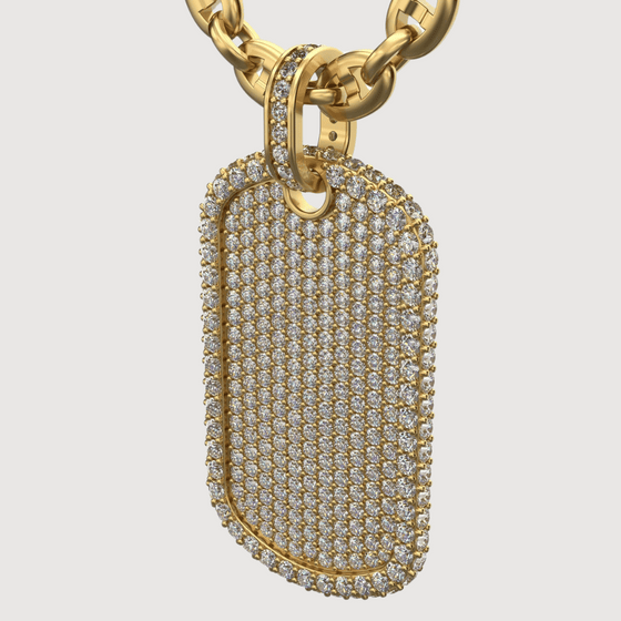 Luxurious 2.87 CTW diamond dog tag pendant in 14K gold, showcasing exquisite shine and sophistication.