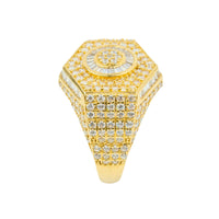 The Round Cluster Gold Ring, crafted in 10K gold and set with CZ stones, features a hexagonal top with multiple rows of sparkling stones and a central circular pattern for a striking cluster effect.