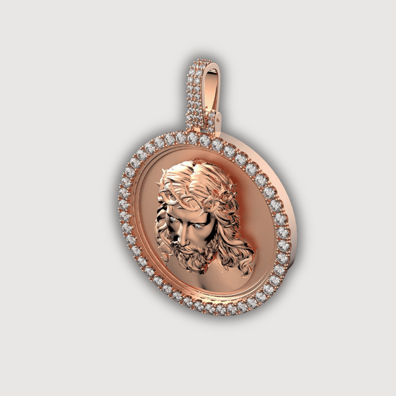 14K Gold Diamond Jesus Face Round Pendant with intricate details and elegant design for faith-inspired style.