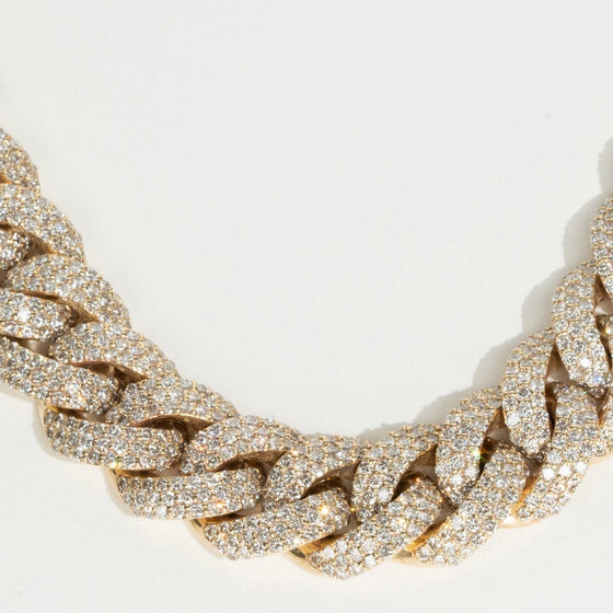 alt=" 13mm 22" Cuban link chain in 10k solid gold with 41CT G+ VS natural diamonds. Iced-out brilliance and expertly crafted for luxury and style. "