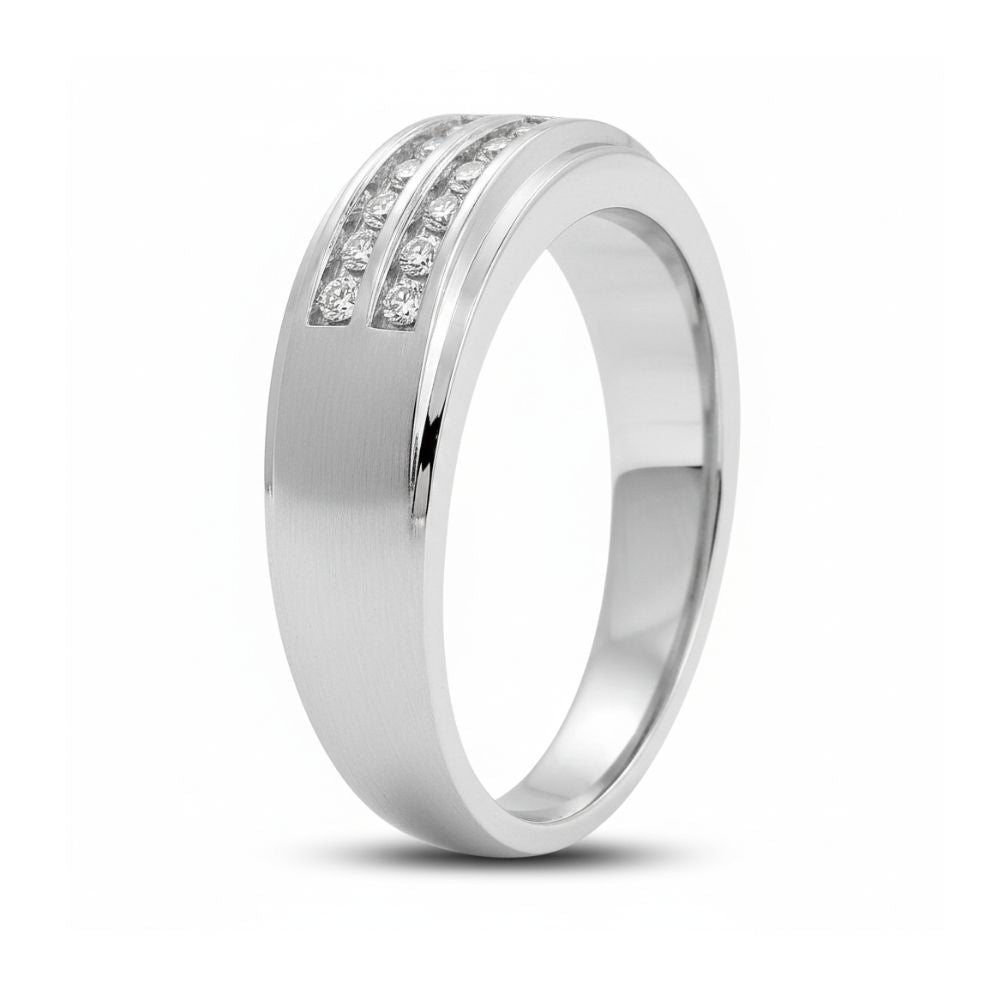 The 10k Gold 2-Row Diamond Wedding Band – 1/4 Cttw features channel-set diamonds in two rows, a matte finish, and a sleek modern look with a polished edge on one side.
