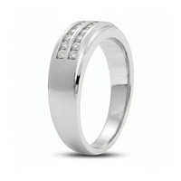 The 10k Gold 2-Row Diamond Wedding Band – 1/4 Cttw features channel-set diamonds in two rows, a matte finish, and a sleek modern look with a polished edge on one side.