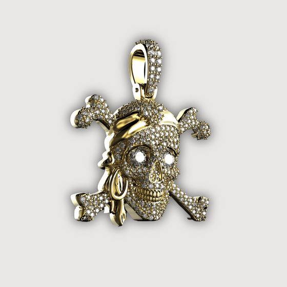 14K Gold Diamond Pirate Skull Pendant with sparkling diamond eyes and exquisite craftsmanship, embodying adventure and luxury.