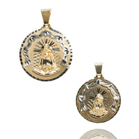 Two circular Caridad Del Cobre, Lady of Charity pendants in 14k solid yellow gold feature a raised Virgin Mary with a halo and decorative border, displayed on a white background.