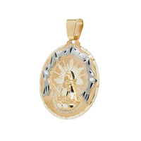 The Lady Charity Round Ornamental Pendant is crafted in 10K solid gold for men, featuring an engraved religious figure with a radiant background, decorative border, and a gold bail—perfect as a men's gold pendant.