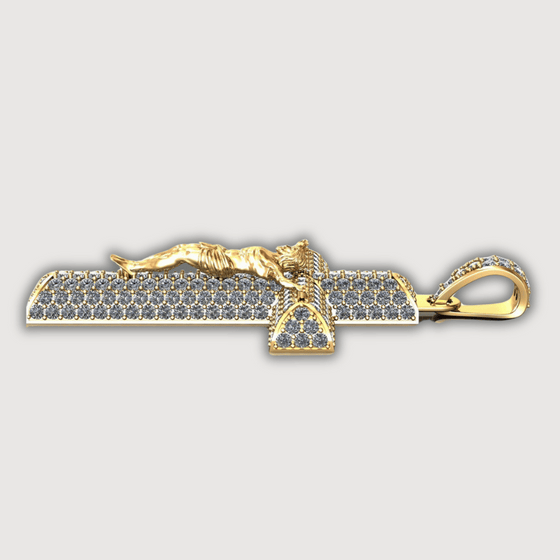 14K gold diamond crucifix pendant showcasing intricate craftsmanship and sparkling diamonds.