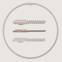 The Diamond Cuban Link Chain 14k - 5mm and three matching bracelets, featuring silver and rose gold links with rectangular clasps, are displayed on a plain white background.