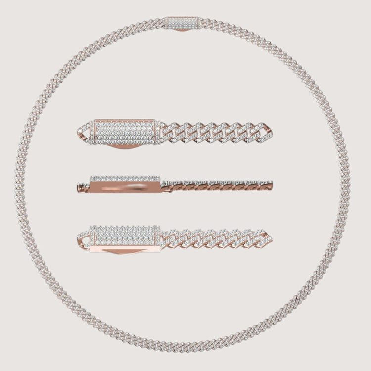 The Diamond Cuban Link Chain 14k - 5mm and three matching bracelets, featuring silver and rose gold links with rectangular clasps, are displayed on a plain white background.