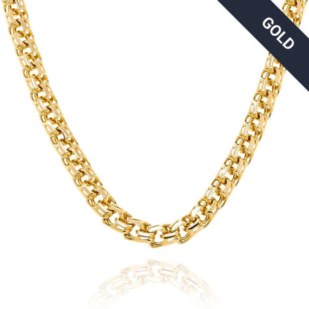 A close-up of the tarnish-resistant Hollow Chino Link Chain - 12mm with rounded links, set against a white background. A dark diagonal banner in the top right corner reads "GOLD" in white text.