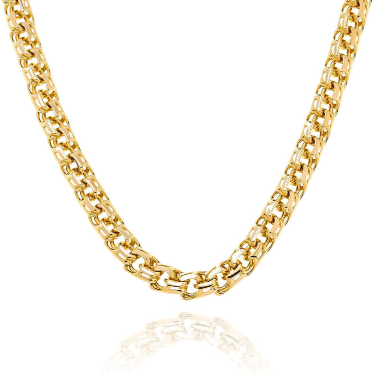 A close-up of the Hollow Chino Link Chain - 8mm, featuring thick, interlocking gold links against a white background with a subtle reflection—ideal as tarnish-resistant jewelry for lasting shine.