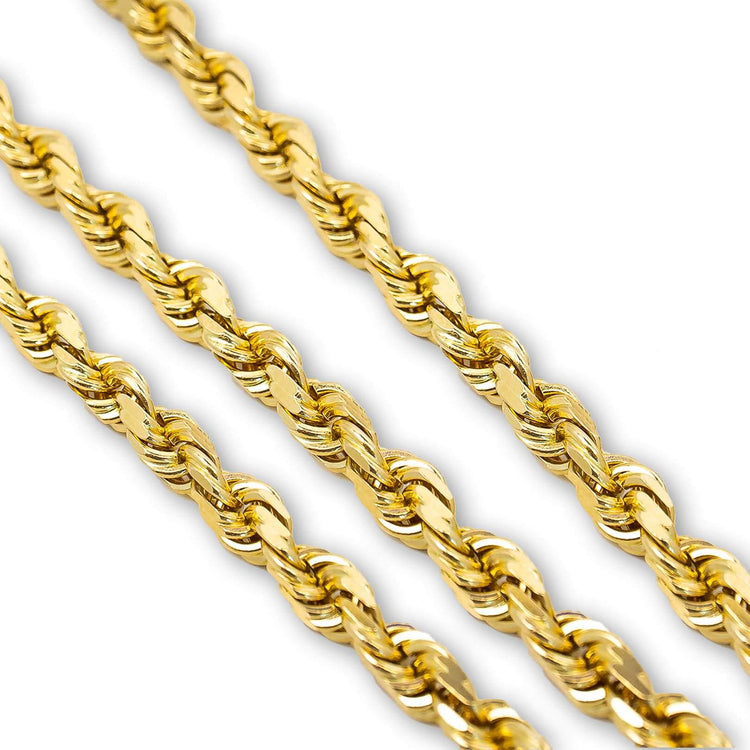 Three Rope Chain -6mm-10mm Hollow Yellow Gold necklaces are arranged diagonally on a white background, highlighting their bold, twisted rope design and the bright, reflective finish of each hollow yellow gold chain.