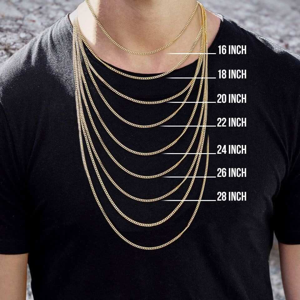 Chain length guide showing 16 through 28 inches on body.