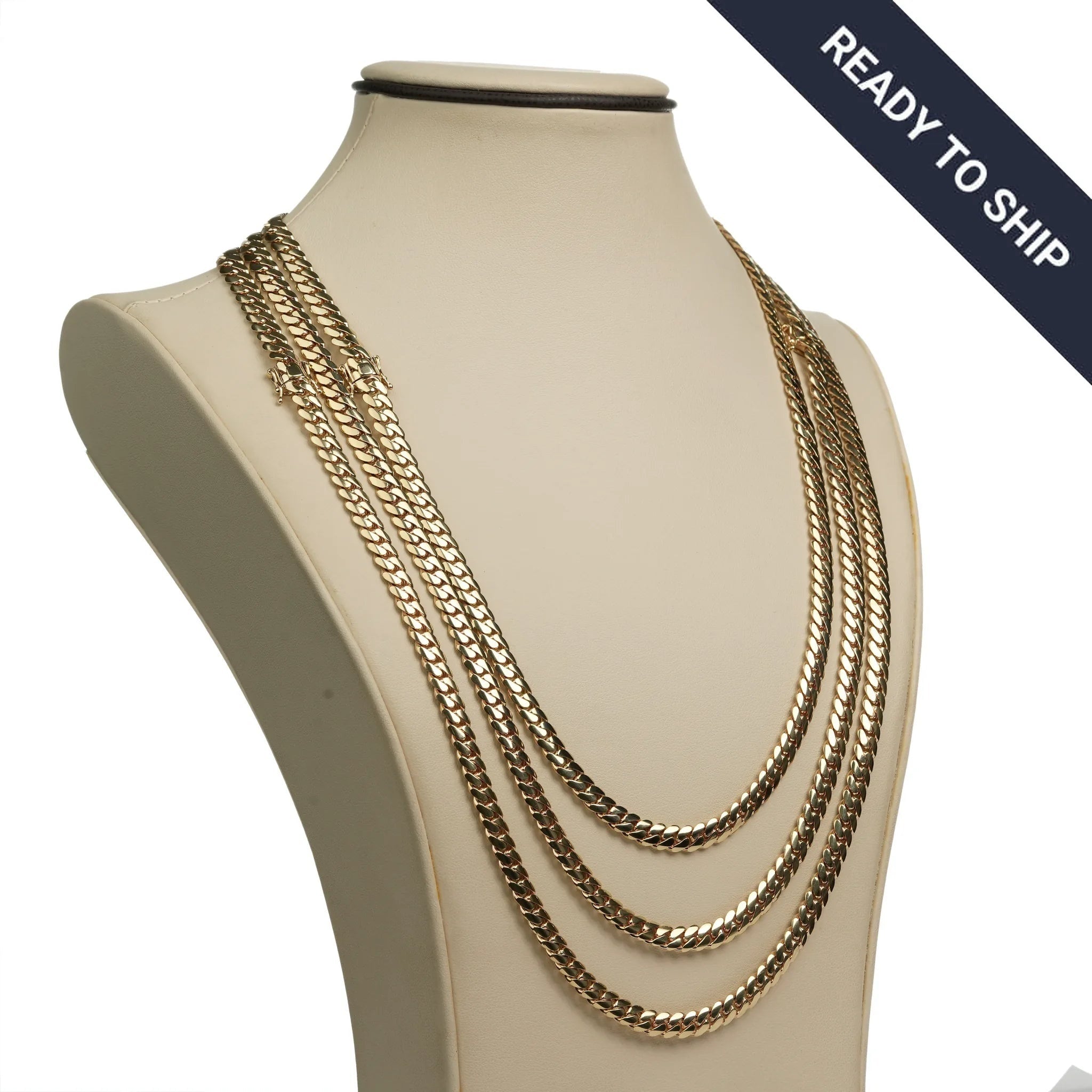 A beige mannequin showcases three layered gold chains, featuring the 6mm Handmade Miami Cuban Link Chain in 10K/14K solid gold. A navy banner in the corner says READY TO SHIP in white text.
