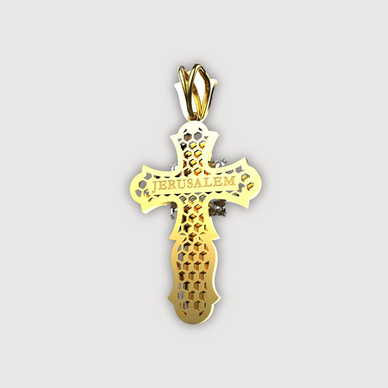 14K yellow gold cross pendant with Jerusalem engraving, featuring a decorative design symbolizing faith and luxury.