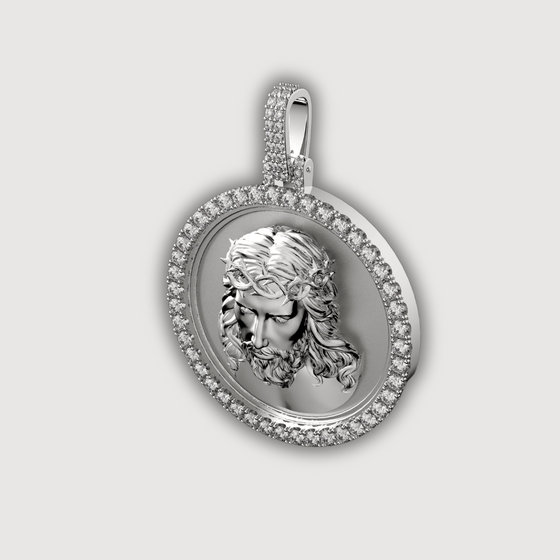 14K gold diamond Jesus face pendant with round design and intricate details, ideal for expressing faith with elegance.