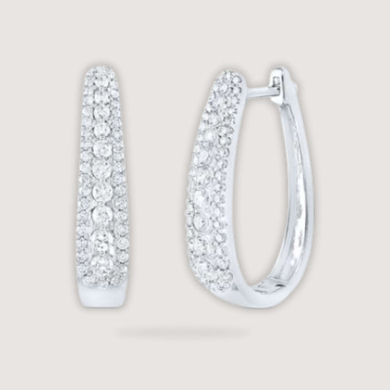 alt=" Discover sophistication with our 7/8CTW diamond women's pendant oblong hoop earrings in 10K white gold, featuring dazzling baguette diamonds. "