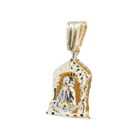 The Lady Charity Caridad Del Cobre Pendant is a 10k solid gold men’s pendant featuring the Virgin Mary under an arched canopy with textured accents and a top loop for attaching to a chain.