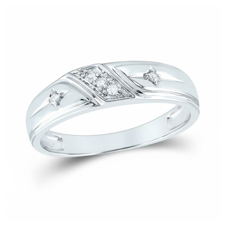 The 10k Gold Diamond Matching Wedding Ring Set features a slightly curved band with three round diamonds in a rectangular pattern, two smaller side diamonds, subtle engraved accents, and polished edges—ideal for matching wedding rings.