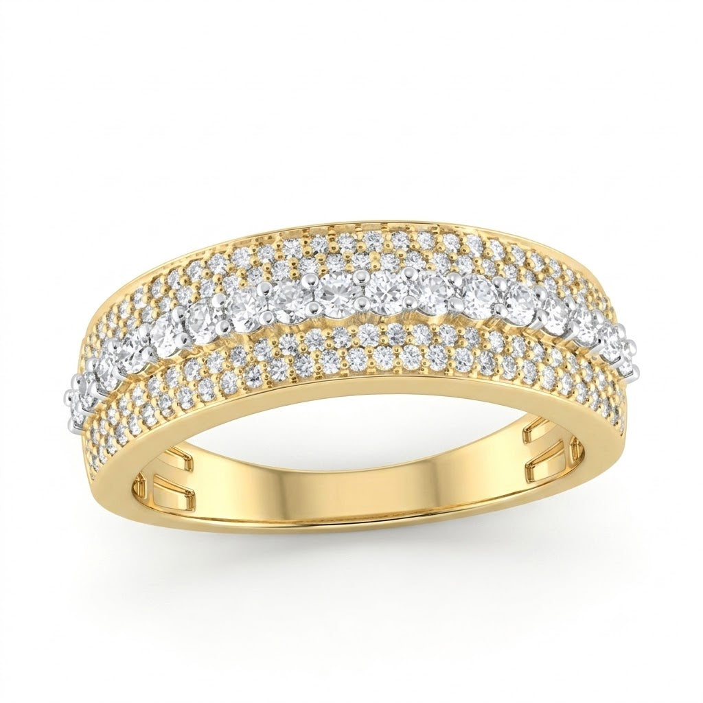 The 1CTW Natural Diamond Men's Band 10K Gold Ring features two rows of natural diamonds set across a modern 10K yellow gold band, accented by a sleek gold section and smaller diamonds along the edges for added elegance.