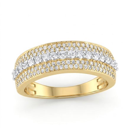 The 1CTW Natural Diamond Men's Band 10K Gold Ring features two rows of natural diamonds set across a modern 10K yellow gold band, accented by a sleek gold section and smaller diamonds along the edges for added elegance.