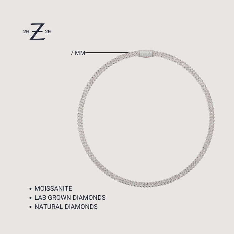 The Diamond Cuban Link Chain 14k - 7mm features a circular, textured pattern and secure clasp. Shown on a plain light background, checkboxes are available for moissanite, lab grown diamonds, and natural diamonds.
