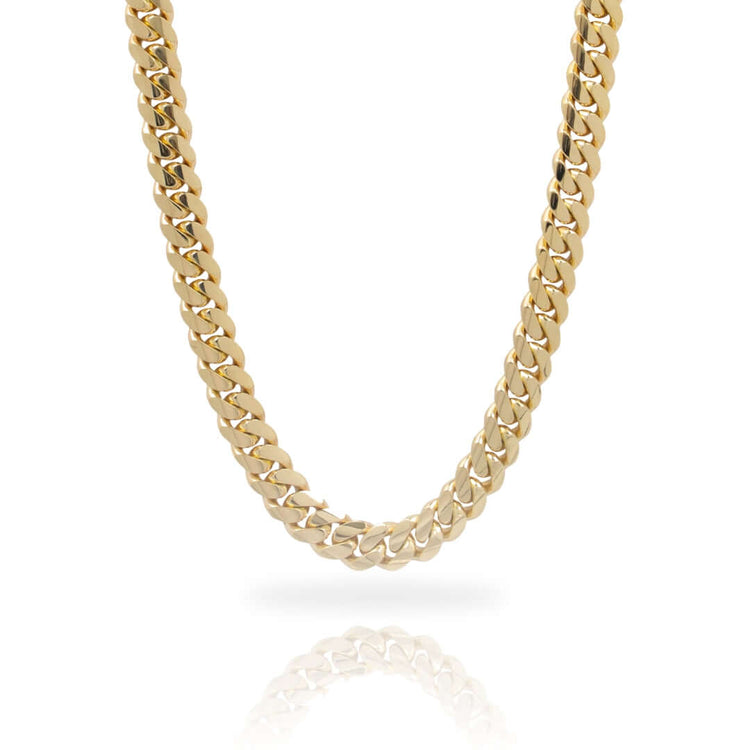 The 9mm Handmade Miami Cuban Link Chain, crafted in 10K, 14K, or 18K solid gold with a polished finish, is shown against a white background with a subtle reflection beneath.