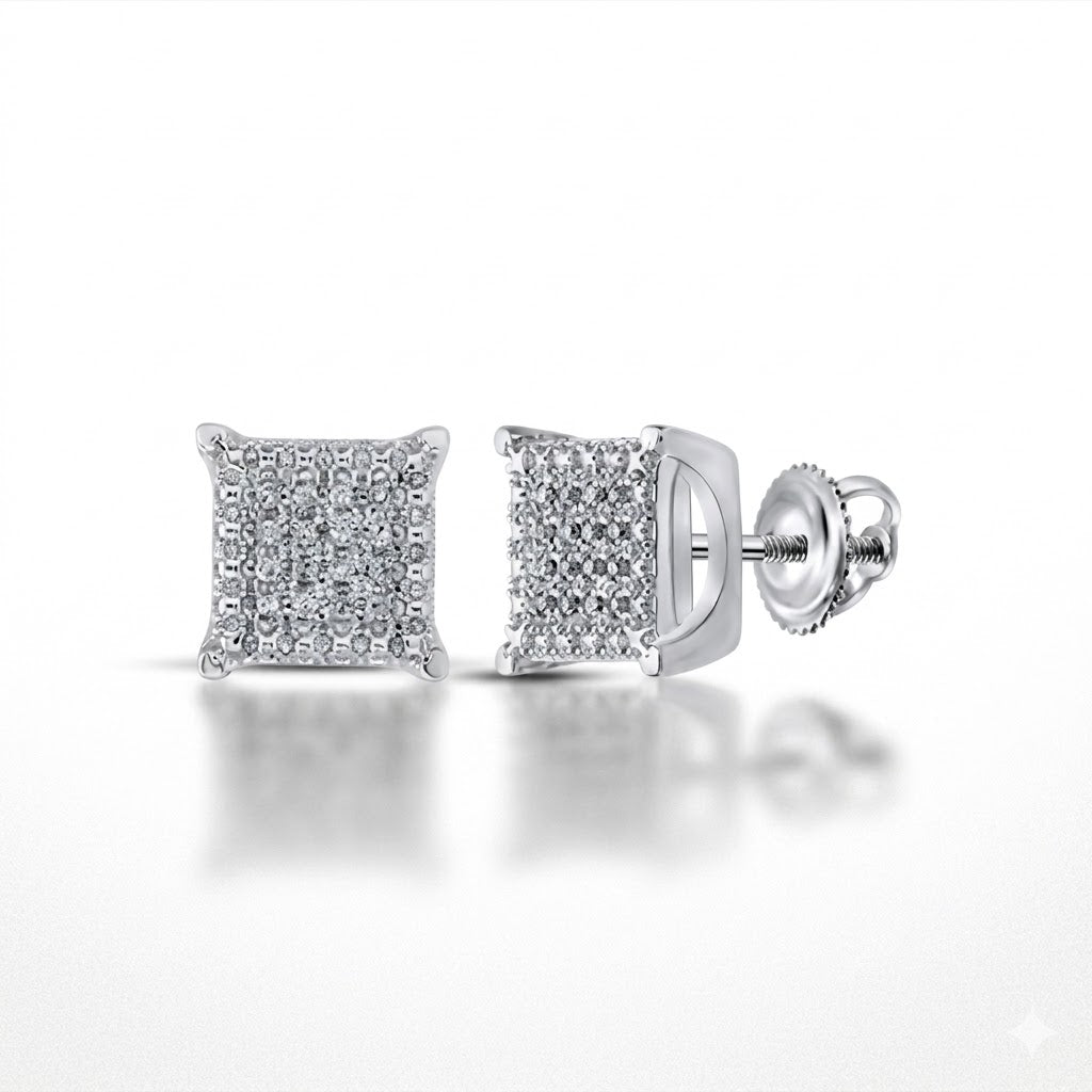 Sterling Silver Diamond Square Earrings 1/10 CTTW feature sparkling diamond clusters set in sterling silver with secure screw-back posts, shown on a white background.
