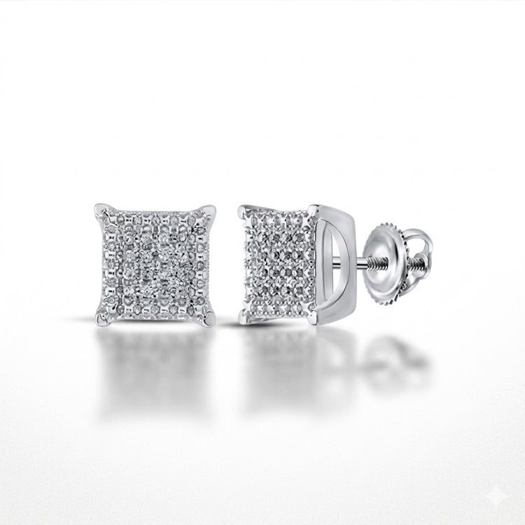 Sterling Silver Diamond Square Earrings 1/10 CTTW feature sparkling diamond clusters set in sterling silver with secure screw-back posts, shown on a white background.