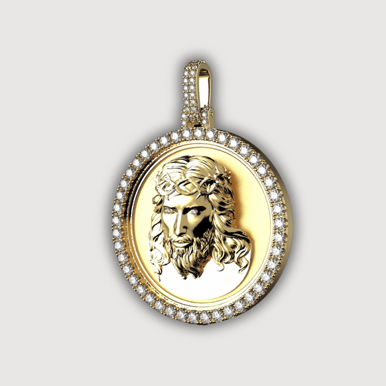 14K Gold Diamond Jesus Face Round Pendant with detailed Jesus design on lustrous gold, surrounded by sparkling diamonds.