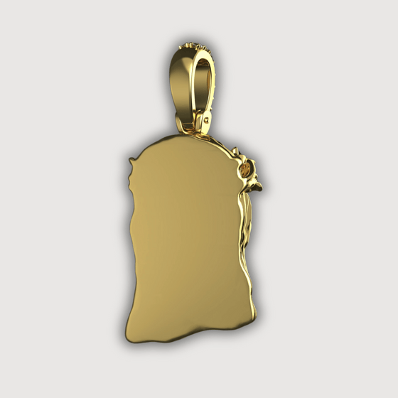 Back view of 14K Gold Jesus Face Pendant with Diamond Bail, showcasing polished gold surface and fine craftsmanship.