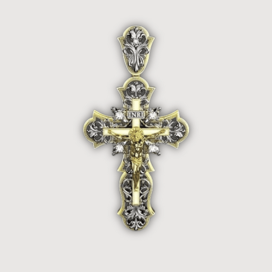 14K Yellow Gold Diamond Jesus Cross Pendant with Intricate Design and Religious Symbolism