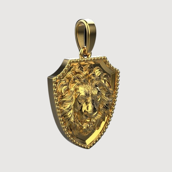 14k Gold Lion Shield PendantShowcase strength with the 14K Gold Lion Shield Pendant. Features a detailed lion emblem on a shield design in radiant 14K gold for a bold and sophisticated look.