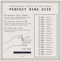 A chart with three steps: measure your finger, confirm the size in mm, and use the table—ideal for picking the All Seeing Eye Ring in Solid Gold. The illustration displays sizes from 15.6mm to 22.2mm.