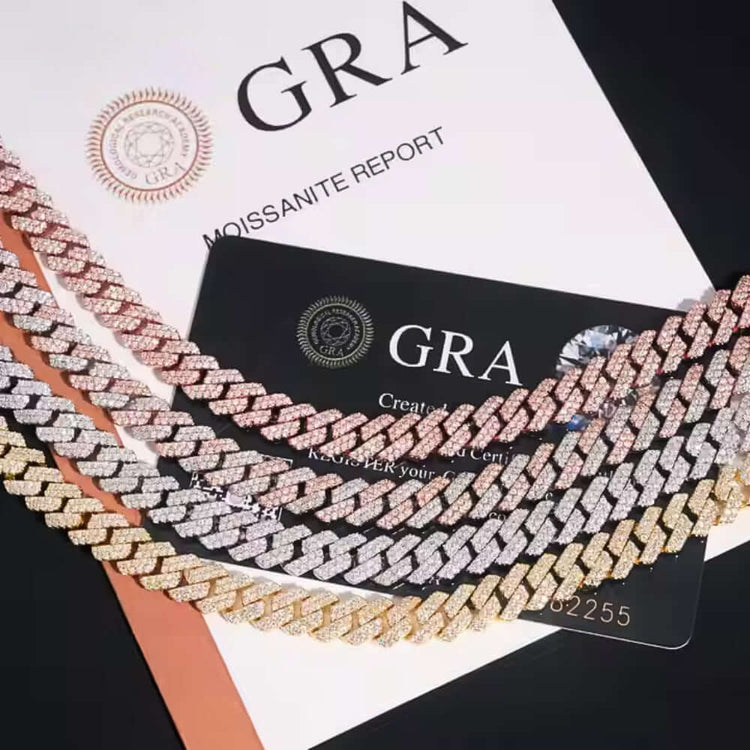 Four sparkling Moissanite Cuban Link Chain - 8mm necklaces in gold, rose gold, and silver rest atop a GRA moissanite report and certificate card. Each features VVS moissanite for remarkable brilliance and comes with authentic certification.