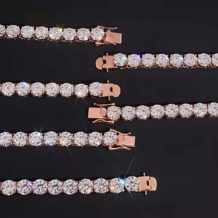 A dazzling row of Rose Gold Moissanite Tennis Chain Bracelets featuring elegant 8mm moissanite stones that shimmer like diamonds.