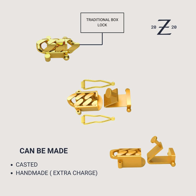 A gold traditional box lock is displayed from various angles, showing its design and mechanism. It can be casted or handmade for an extra charge—ideal to pair with the 9mm Handmade Miami Cuban Link Chain in 10K/14K/18K Solid Gold. 2020 Z logo shown.