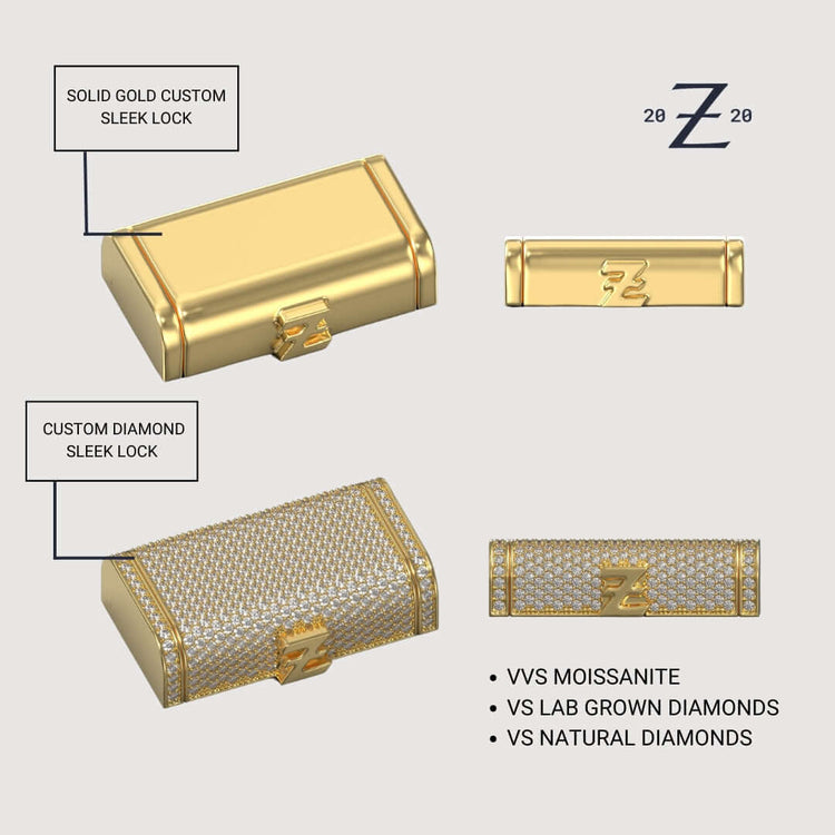 3D renderings of two rectangular clasp locks for the 9mm Handmade Miami Cuban Link Chain in solid gold: one sleek, one diamond-studded, both with a Z logo. Labels highlight custom lock and diamond choices—VVS moissanite, lab grown, or natural.