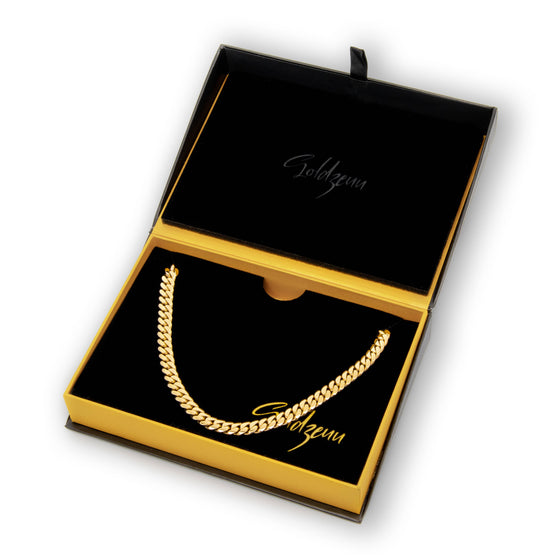 8mm - Cuban Link Chain - 14k Solid Gold| GOLDZENN Jewelry- In a box view.