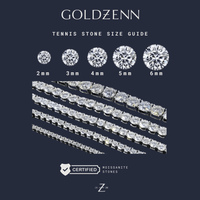 The Goldzenn guide displays the Tennis Chain - 925 Sterling Silver Moissanite with stone sizes: 2mm, 3mm, 4mm, 5mm, and 6mm. Five bracelets of increasing size are shown, featuring certified ethical Moissanite stones.