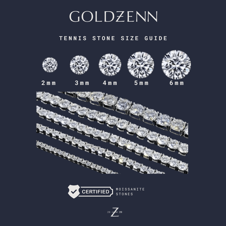 The Goldzenn guide displays the Tennis Chain - 925 Sterling Silver Moissanite with stone sizes: 2mm, 3mm, 4mm, 5mm, and 6mm. Five bracelets of increasing size are shown, featuring certified ethical Moissanite stones.